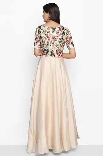 Cream silk thread embroidery anarkali salwar kameez