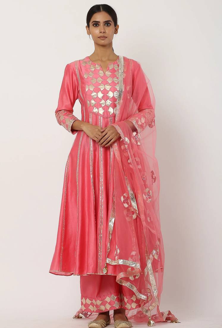 Silk pink gota work anarkali salwar kameez