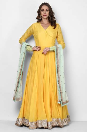 Yellow muslin cotton lace work anarkali salwar kameez