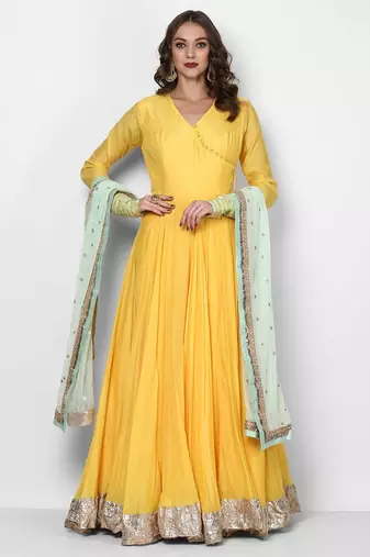 Yellow muslin cotton lace work anarkali salwar kameez
