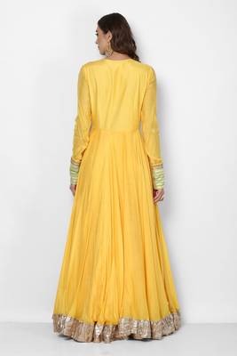 Yellow muslin cotton lace work anarkali salwar kameez 2
