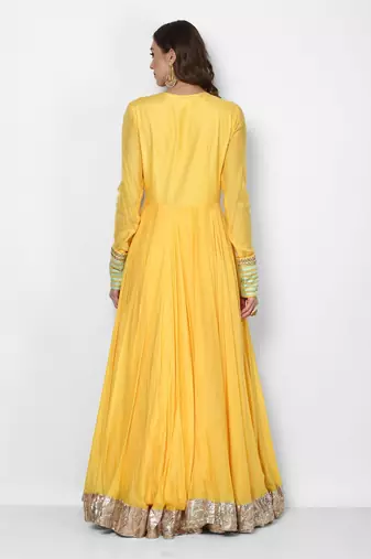 Yellow muslin cotton lace work anarkali salwar kameez