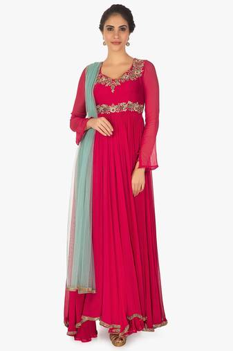 Red georgette zari, beads work anarkali salwar kameez