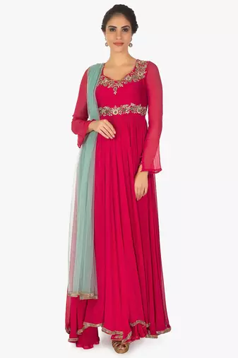 Red georgette zari, beads work anarkali salwar kameez