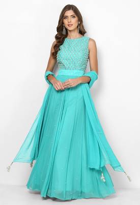 Light blue georgette pearl and beads work anarkali salwar kameez 1