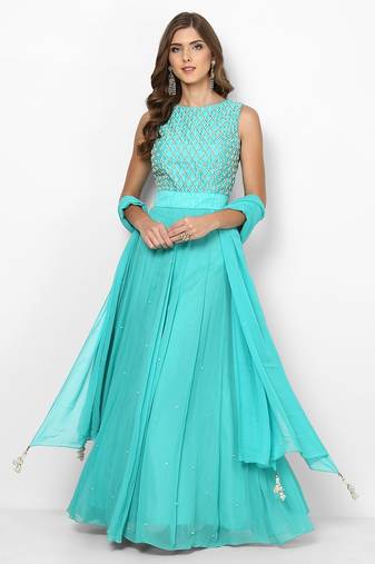 Light blue georgette pearl and beads work anarkali salwar kameez