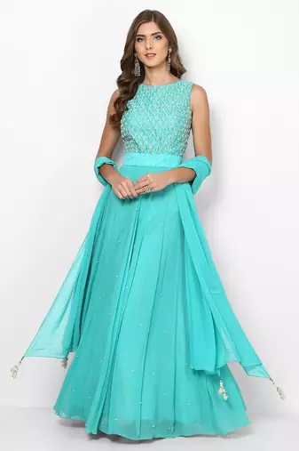 Light blue georgette pearl and beads work anarkali salwar kameez