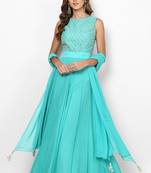 Light blue georgette pearl and beads work anarkali salwar kameez