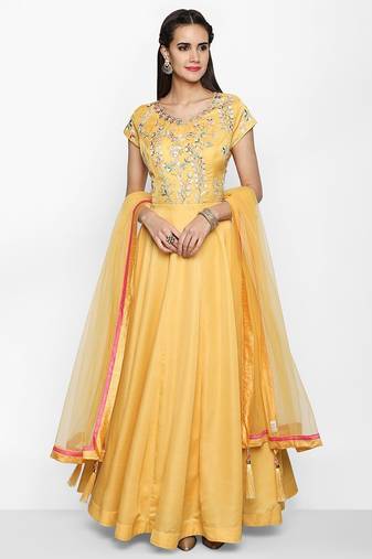 Mustard yellow silk thread embroidery anarkali salwar kameez