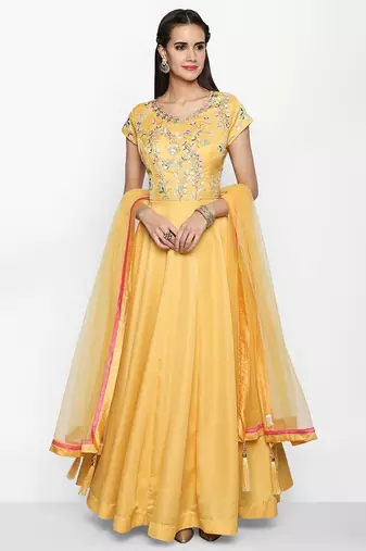 Mustard yellow silk thread embroidery anarkali salwar kameez
