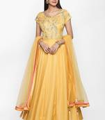 Mustard yellow silk thread embroidery anarkali salwar kameez