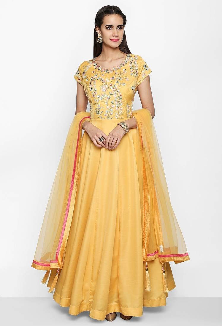 Mustard yellow silk thread embroidery anarkali salwar kameez