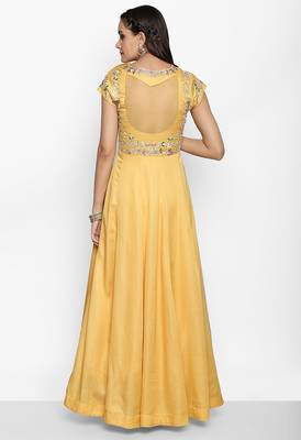 Mustard yellow silk thread embroidery anarkali salwar kameez 2