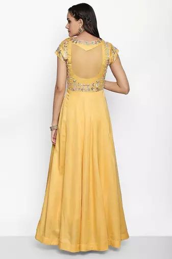 Mustard yellow silk thread embroidery anarkali salwar kameez