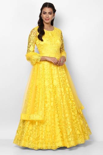 Yellow net thread embroidery anarkali salwar kameez