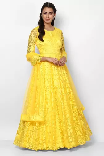 Yellow net thread embroidery anarkali salwar kameez