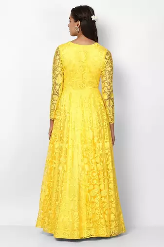 Yellow net thread embroidery anarkali salwar kameez