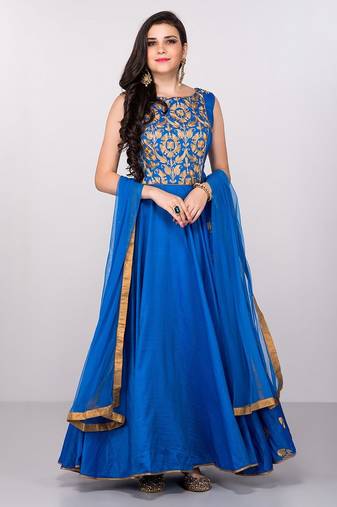 Blue silk zari work & lace border anarkali salwar kameez