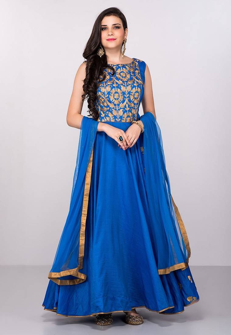 Blue silk zari work & lace border anarkali salwar kameez