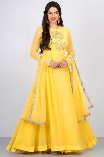 Yellow organza swaroski work anarkali salwar kameez