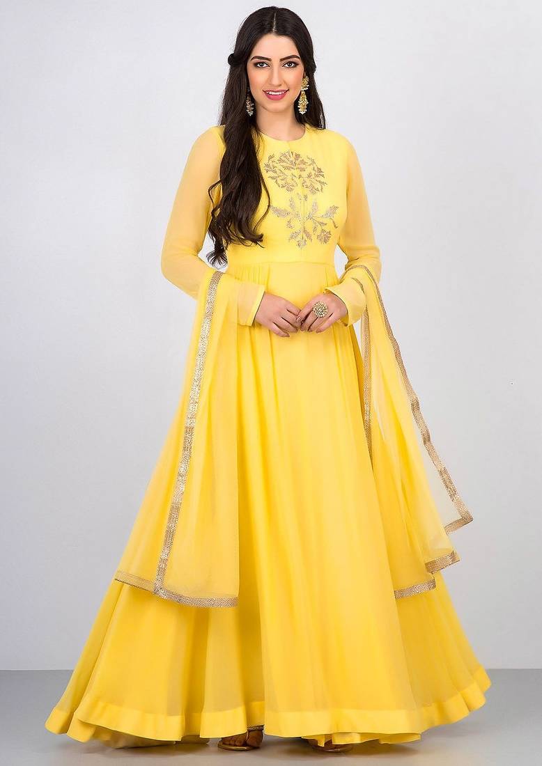Yellow organza swaroski work anarkali salwar kameez