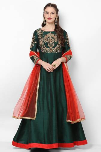 Bottle green silk zardosi embridery anarkali salwar kameez