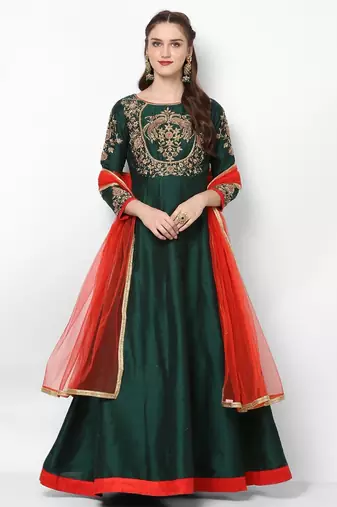 Bottle green silk zardosi embridery anarkali salwar kameez