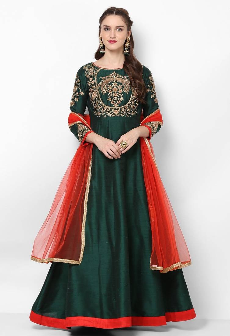 Bottle green silk zardosi embridery anarkali salwar kameez