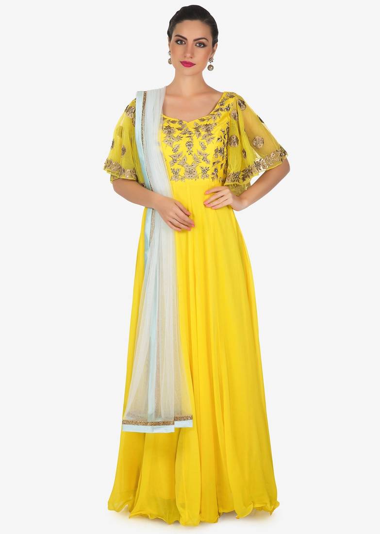 Yellow georgette thread embroidery anarkali salwar kameez