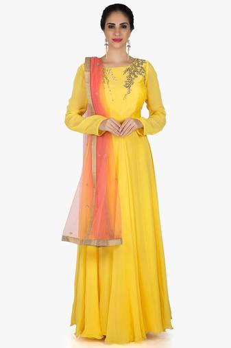Yellow georgette beads work anarkali salwar kameez