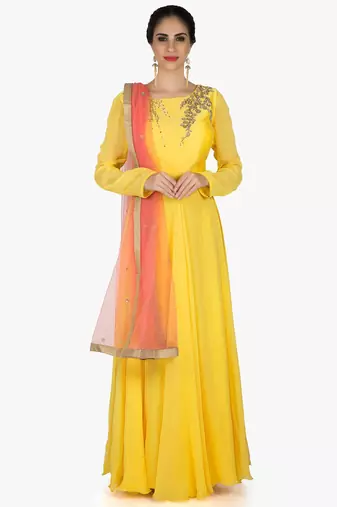 Yellow georgette beads work anarkali salwar kameez