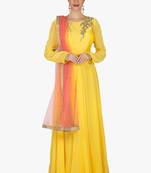 Yellow georgette beads work anarkali salwar kameez