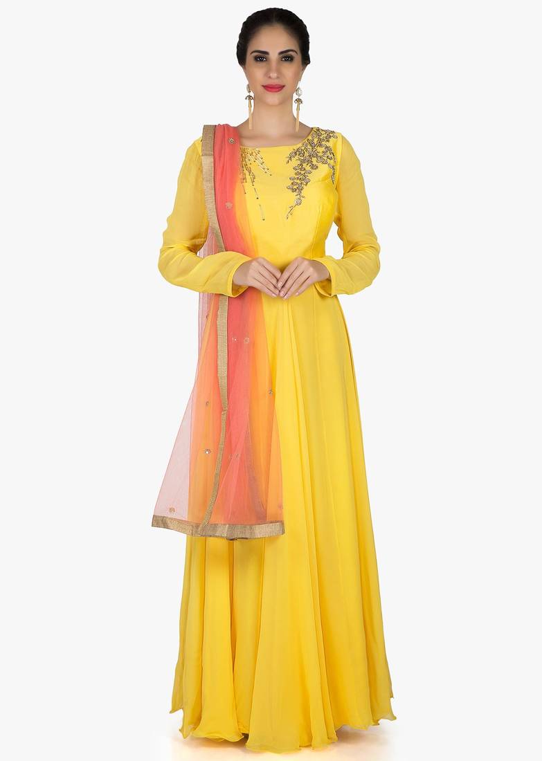 Yellow georgette beads work anarkali salwar kameez