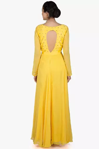 Yellow georgette beads work anarkali salwar kameez