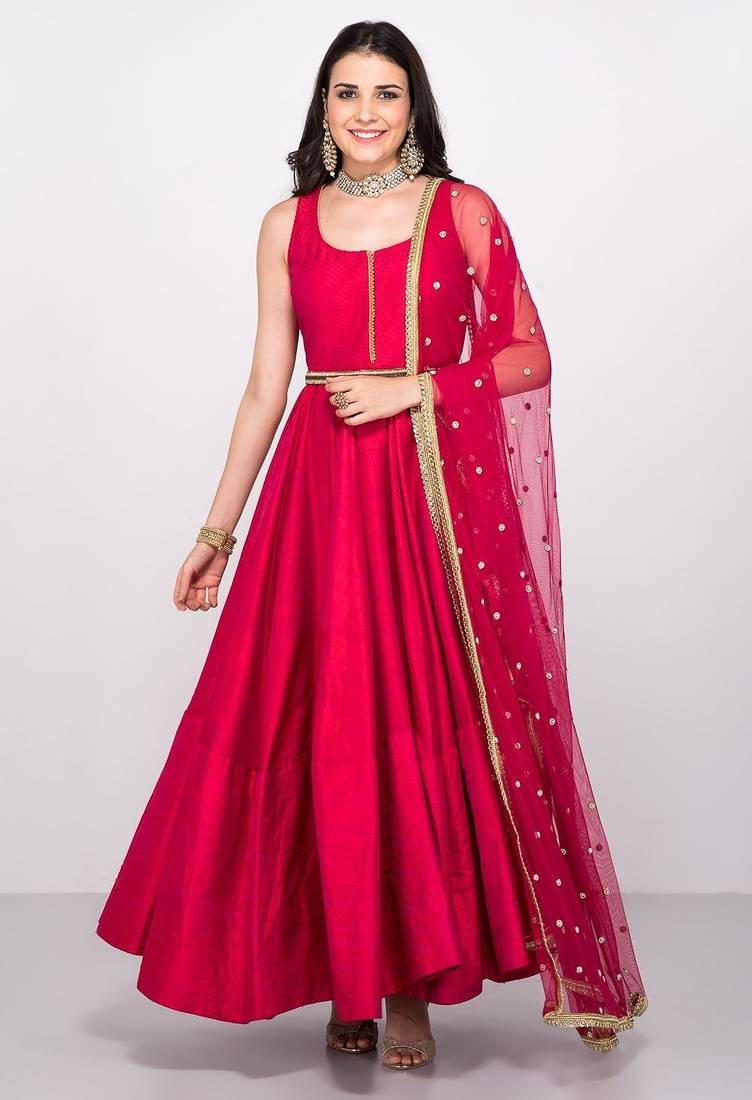 Red cotton silk seqins embroidery anarkali salwar kameez