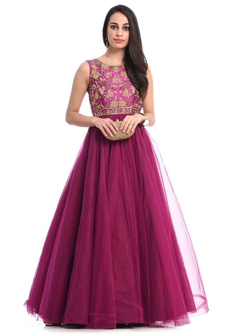 Purple net lace work anarkali salwar kameez