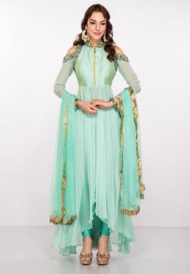 Sea green georgette zari work & lace border anarkali salwar kameez 1