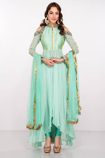 Sea green georgette zari work & lace border anarkali salwar kameez