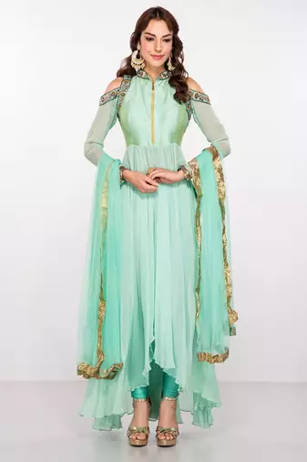 Sea green georgette zari work & lace border anarkali salwar kameez