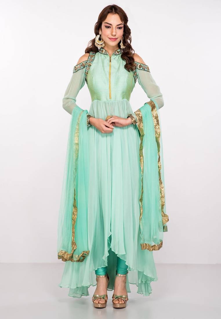 Sea green georgette zari work & lace border anarkali salwar kameez