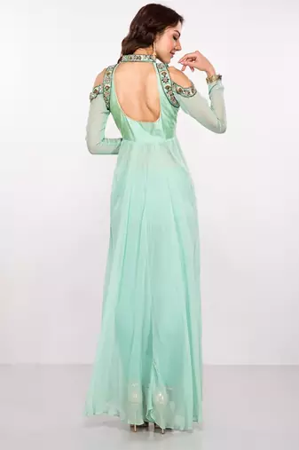 Sea green georgette zari work & lace border anarkali salwar kameez