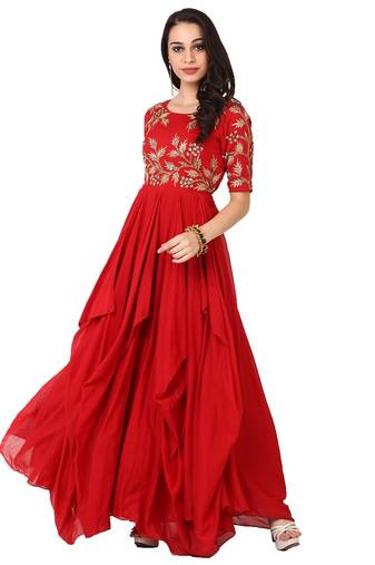 Red cotton silk zari, beads work anarkali salwar kameez