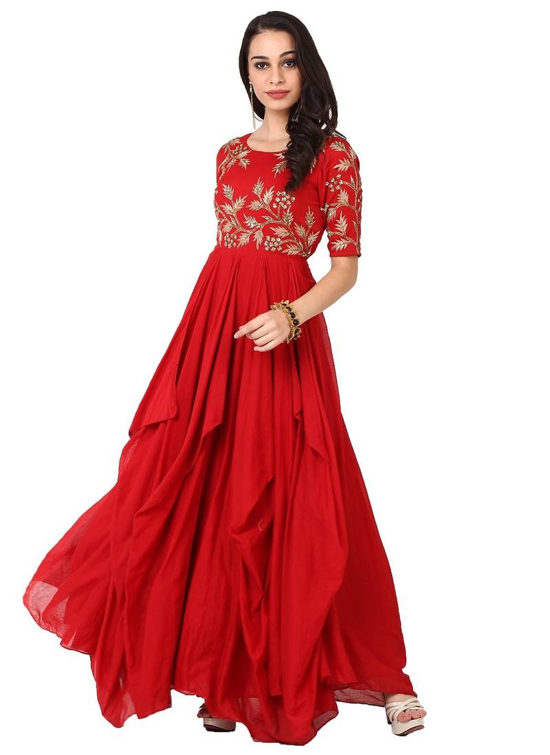 Red cotton silk zari, beads work anarkali salwar kameez