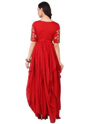 Red cotton silk zari, beads work anarkali salwar kameez 2
