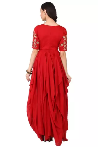 Red cotton silk zari, beads work anarkali salwar kameez