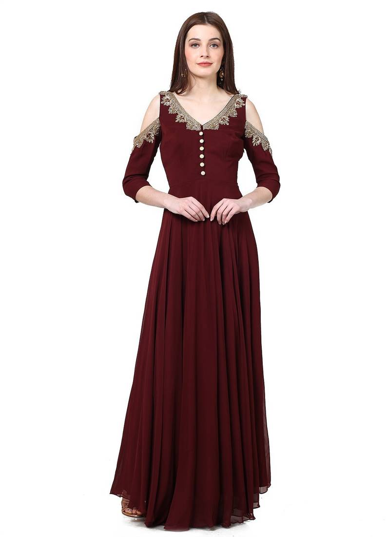 Maroon georgette zardosi embridery anarkali salwar kameez