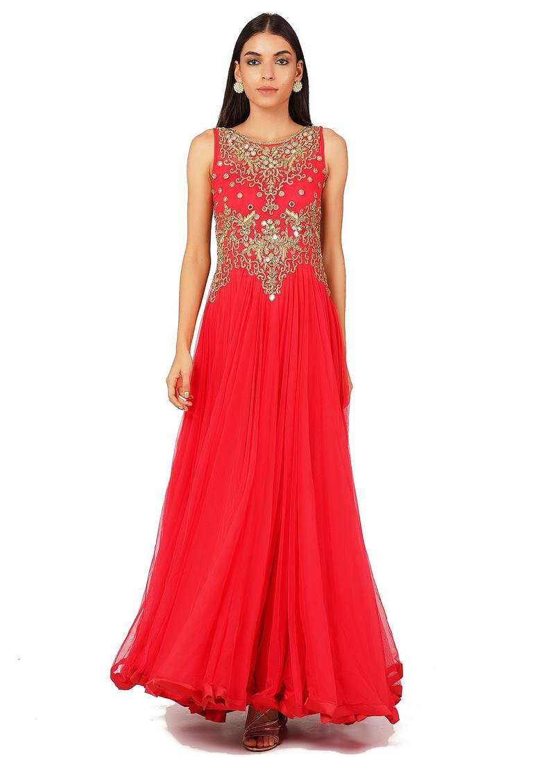 Red net swaroski work anarkali salwar kameez