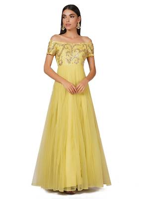 Lemon yellow net gota patti work anarkali salwar kameez 1