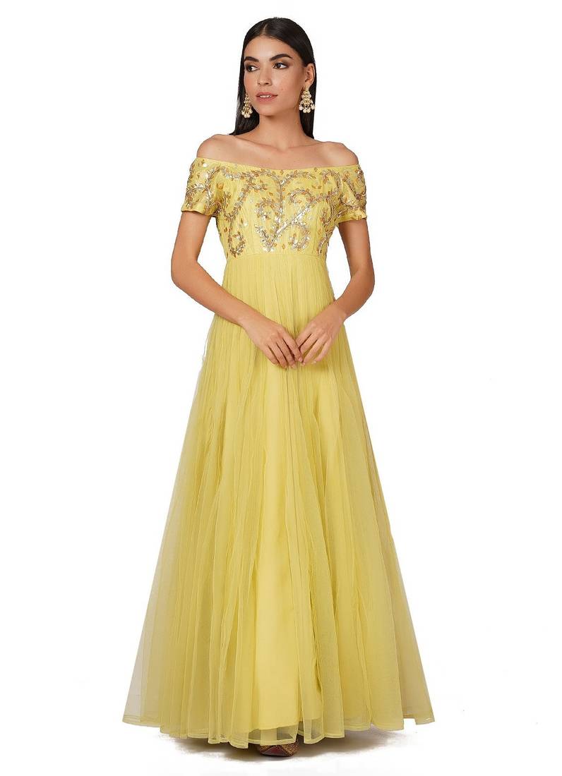 Lemon yellow net gota patti work anarkali salwar kameez