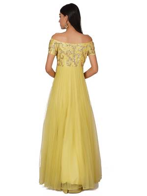 Lemon yellow net gota patti work anarkali salwar kameez 2